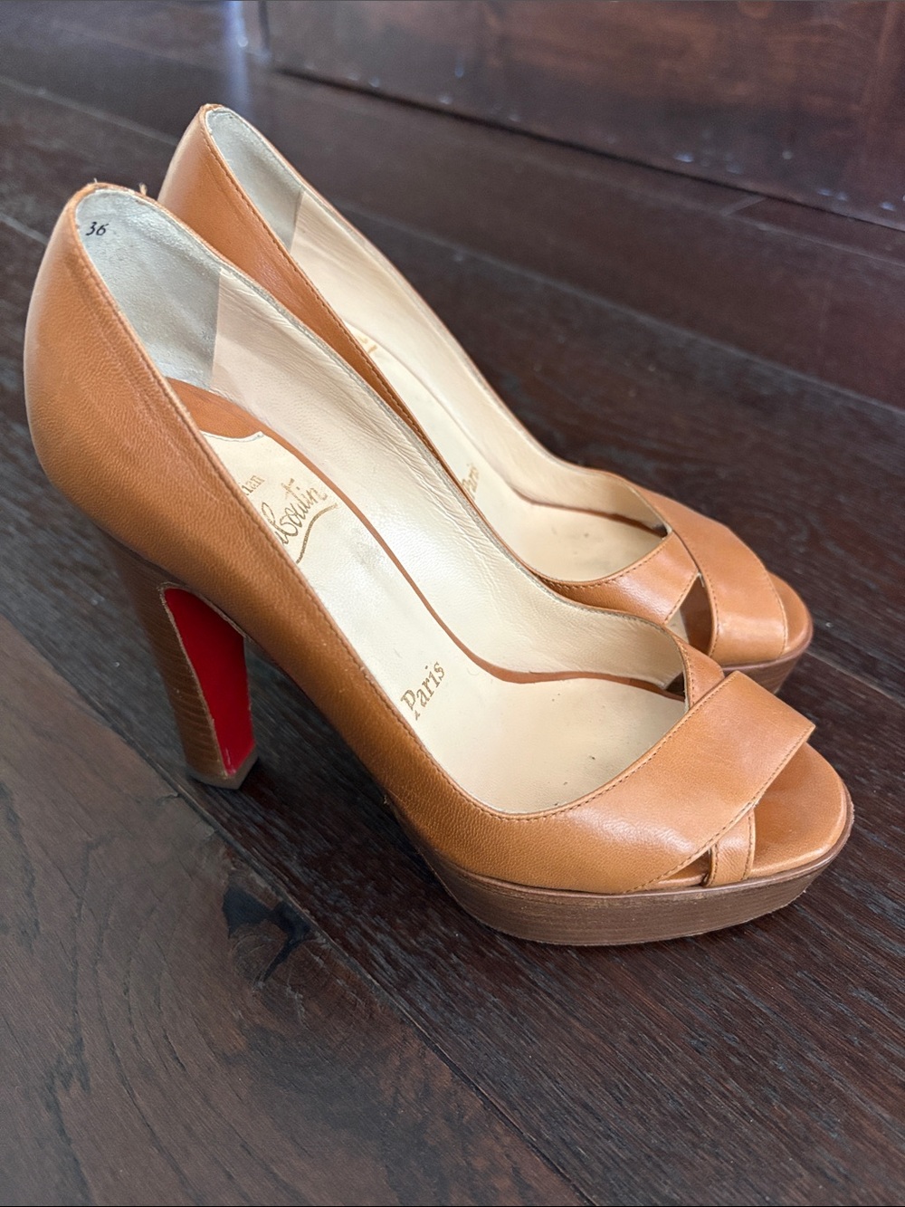 Christian Louboutin Cognac Leather Peep-Toe Pumps 36
